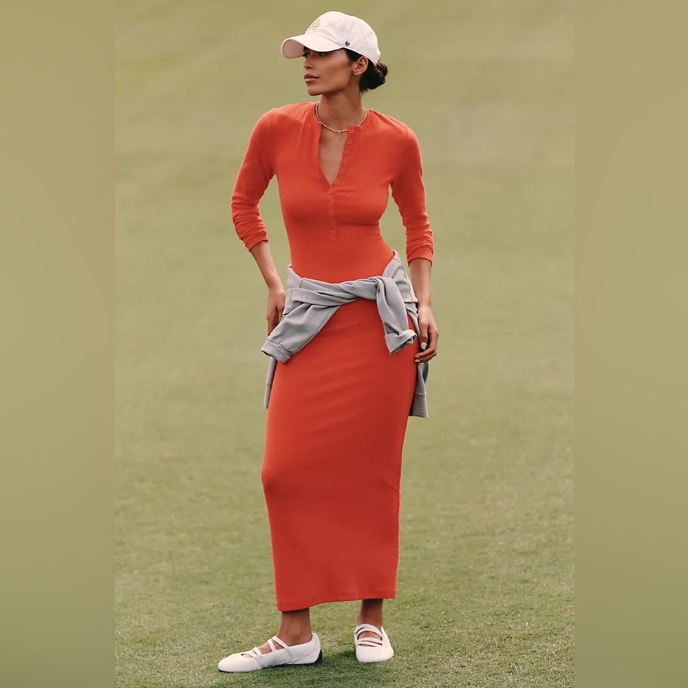 NWT DAILY PRACTICE LONG-SLEEVE RIBBED MAXI DRESS High Risk Red